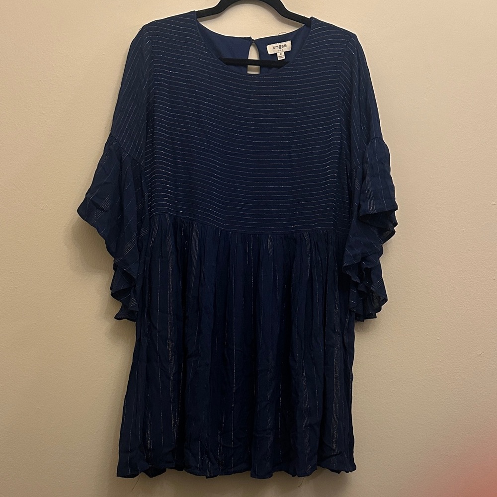 Umgee Dark Blue Metallic Gold Dress‎ Ruffle Sleeves Flowy Size M Dainty Elegant